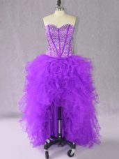Affordable Purple Lace Up Junior Homecoming Dress Beading and Ruffles Sleeveless High Low