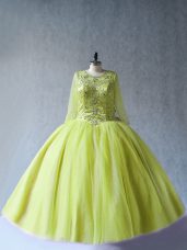 Beading Quinceanera Gown Yellow Green Lace Up Long Sleeves Floor Length