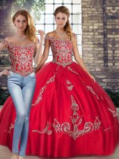 Beautiful Red Two Pieces Tulle Off The Shoulder Sleeveless Beading and Embroidery Floor Length Lace Up Sweet 16 Quinceanera Dress