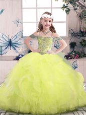 Yellow Green Off The Shoulder Neckline Beading and Ruffles Custom Made Pageant Dress Sleeveless Lace Up
