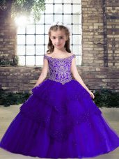 Floor Length Lace Up Little Girls Pageant Gowns Purple for Party and Wedding Party with Beading and Lace and Appliques