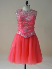 New Style Coral Red A-line Tulle Scoop Sleeveless Beading Mini Length Lace Up Casual Dresses