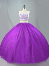 Flirting Purple Sleeveless Floor Length Beading Zipper Quince Ball Gowns