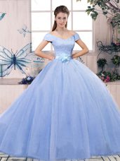 Exquisite Lavender Ball Gowns Tulle Off The Shoulder Short Sleeves Lace and Hand Made Flower Floor Length Lace Up Quinceanera Dresses