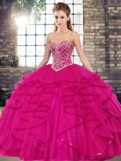 Tulle Sweetheart Sleeveless Lace Up Beading and Ruffles Quince Ball Gowns in Fuchsia