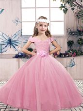 Unique Pink Ball Gowns Lace and Bowknot Evening Gowns Lace Up Tulle Sleeveless Floor Length