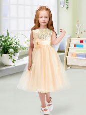 Cute Tea Length Champagne Flower Girl Dresses for Less Organza Sleeveless Sequins and Hand Made Flower
