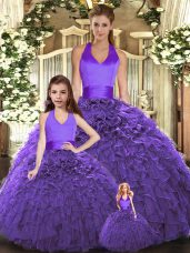Modest Tulle Halter Top Sleeveless Lace Up Ruffles Vestidos de Quinceanera in Purple