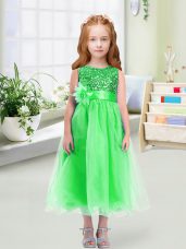 Scoop Sleeveless Flower Girl Dress Tea Length Sequins and Hand Made Flower Green Organza