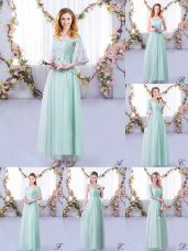 Customized Light Blue Half Sleeves Lace and Belt Floor Length Wedding Party Dress