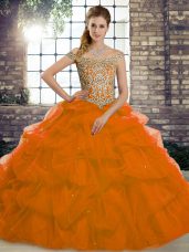 Trendy Tulle Off The Shoulder Sleeveless Brush Train Lace Up Beading and Pick Ups Quinceanera Gowns in Rust Red