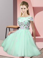 Pretty Apple Green Empire Appliques Quinceanera Dama Dress Lace Up Tulle Short Sleeves Knee Length