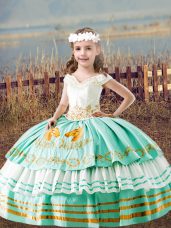 Inexpensive Satin Sleeveless Floor Length Kids Pageant Dress and Embroidery