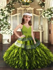 Olive Green Organza Zipper Little Girls Pageant Dress Sleeveless Floor Length Appliques and Ruffles