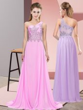 Floor Length Side Zipper Prom Evening Gown Pink for Prom and Party with Beading