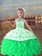 Affordable Beading and Embroidery and Ruffles Pageant Gowns For Girls Green Lace Up Sleeveless Floor Length