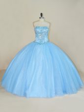 Stylish Strapless Sleeveless 15th Birthday Dress Floor Length Beading Blue Tulle