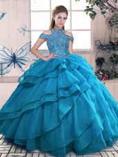 Fine Blue Ball Gowns Organza High-neck Sleeveless Beading and Ruffled Layers Floor Length Lace Up Sweet 16 Quinceanera Dress