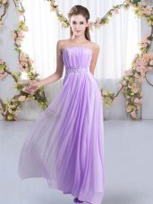 Extravagant Strapless Sleeveless Bridesmaid Dresses Sweep Train Beading Lavender Chiffon