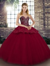 New Arrival Ball Gowns Quinceanera Gowns Burgundy Sweetheart Tulle Sleeveless Floor Length Lace Up