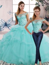 Aqua Blue Tulle Lace Up Off The Shoulder Sleeveless Floor Length Quince Ball Gowns Beading and Ruffles