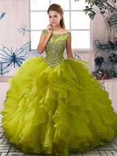 Olive Green Sleeveless Floor Length Beading and Ruffles Zipper Ball Gown Prom Dress