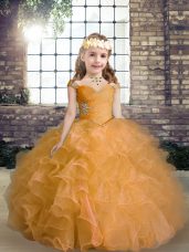 Straps Sleeveless Pageant Dress for Teens Floor Length Beading and Ruffles Orange Organza