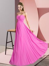 Floor Length Rose Pink Dress for Prom Chiffon Sleeveless Ruching