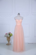 Peach Tulle Zipper Sweetheart Sleeveless Floor Length Wedding Guest Dresses Ruching