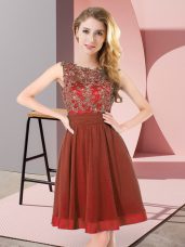 Nice Mini Length Rust Red Wedding Guest Dresses Chiffon Sleeveless Beading and Appliques