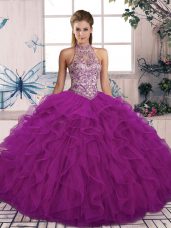 Purple Halter Top Lace Up Beading and Ruffles Quinceanera Dresses Sleeveless