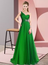 Green Prom Evening Gown Chiffon Brush Train Sleeveless Beading