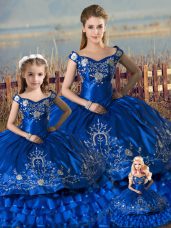 Royal Blue Lace Up Off The Shoulder Beading and Ruffles Quinceanera Gowns Satin and Organza Sleeveless