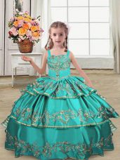 Gorgeous Embroidery and Ruffled Layers Party Dress Turquoise Lace Up Sleeveless Floor Length