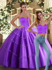 Eggplant Purple Ball Gowns Beading Quince Ball Gowns Lace Up Tulle Sleeveless Floor Length