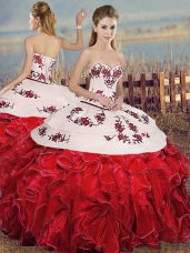 White And Red Ball Gowns Embroidery and Ruffles Ball Gown Prom Dress Lace Up Organza Sleeveless Floor Length