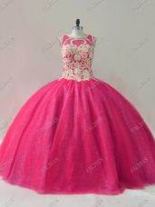 Graceful Scoop Sleeveless Lace Up Quinceanera Dresses Hot Pink Tulle