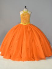 Hot Selling Halter Top Sleeveless Sweet 16 Dress Floor Length Beading Orange Tulle