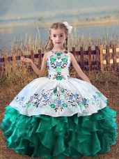Exquisite Turquoise Sleeveless Embroidery and Ruffles Floor Length Pageant Dress for Teens