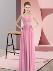 Dazzling Rose Pink Chiffon Zipper Sweetheart Sleeveless Floor Length Homecoming Dress Beading