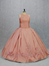 Adorable Peach Ball Gowns Embroidery Quinceanera Dress Zipper Taffeta Sleeveless Floor Length