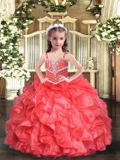 Coral Red Ball Gowns Beading and Ruffles Custom Made Lace Up Organza Sleeveless Floor Length