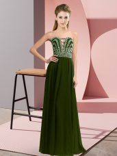 Best Floor Length Lace Up Evening Dress Olive Green for Prom and Party with Beading