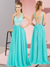 Aqua Blue Backless V-neck Beading and Lace and Appliques Homecoming Dress Chiffon Sleeveless