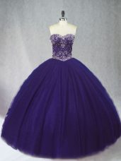 Purple Ball Gowns Tulle Sweetheart Sleeveless Beading Floor Length Lace Up 15 Quinceanera Dress