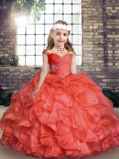 Coral Red Little Girls Pageant Dress Wholesale Party and Sweet 16 and Wedding Party with Beading and Ruching Straps Sleeveless Lace Up