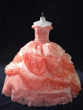 Shining Ball Gowns 15th Birthday Dress Watermelon Red Off The Shoulder Organza Sleeveless Floor Length Lace Up