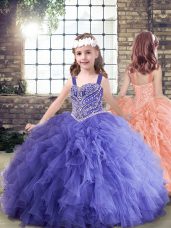 Unique Lavender Sleeveless Beading and Ruffles Floor Length Little Girl Pageant Dress