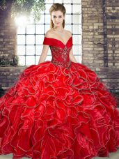 Red Ball Gowns Organza Off The Shoulder Sleeveless Beading and Ruffles Floor Length Lace Up Ball Gown Prom Dress