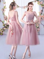 Sleeveless Tulle Tea Length Lace Up Quinceanera Court of Honor Dress in Pink with Appliques and Belt